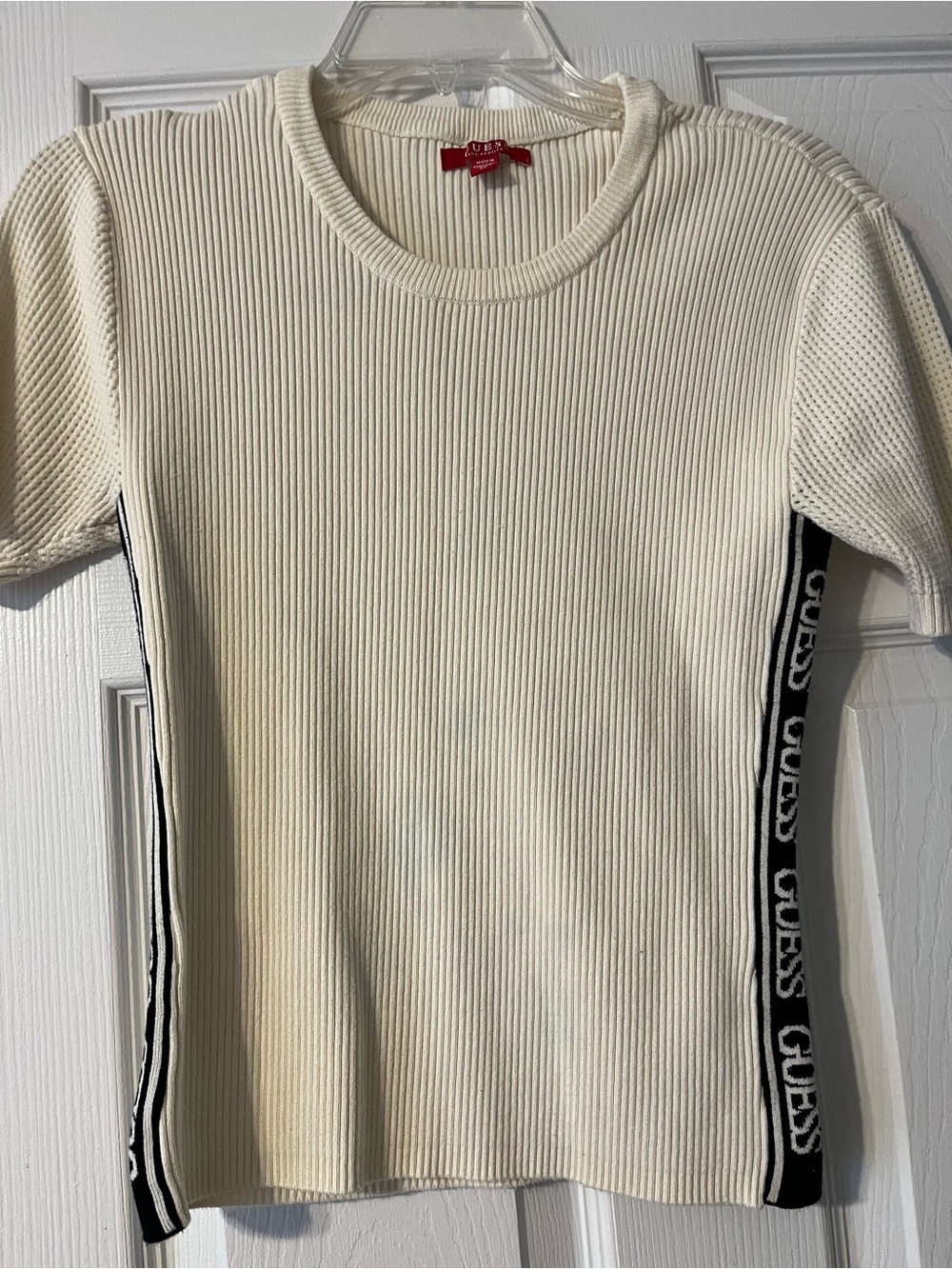 GUESS Cream Short-Sleeve Ribbed Knit Top with Black Logo Side Panels